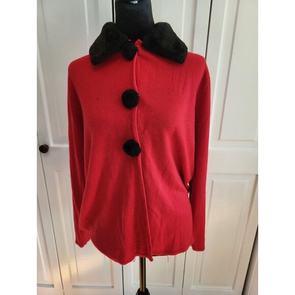 Designers Originals Sweaters - Vintage Y2k Red/Black Cardigan Faux Fur Collar M Party Festive Retro Christmas